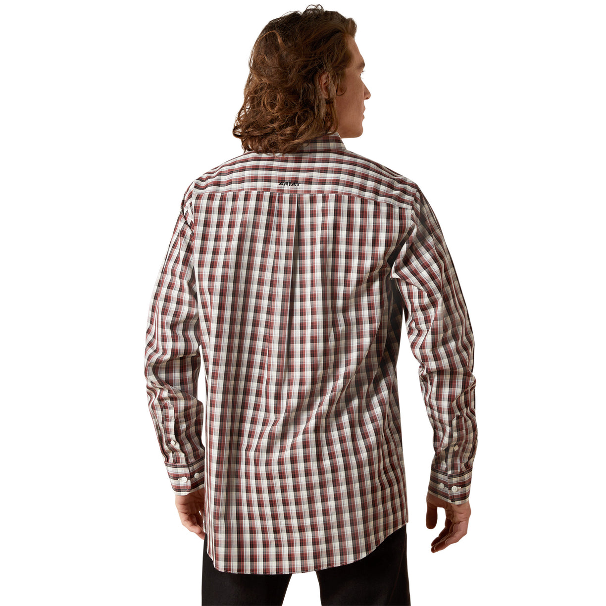 Man wearing a red and white checkered shirt on a white background