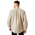 Man wearing a plaid shirt with a visible brand logo on a white background