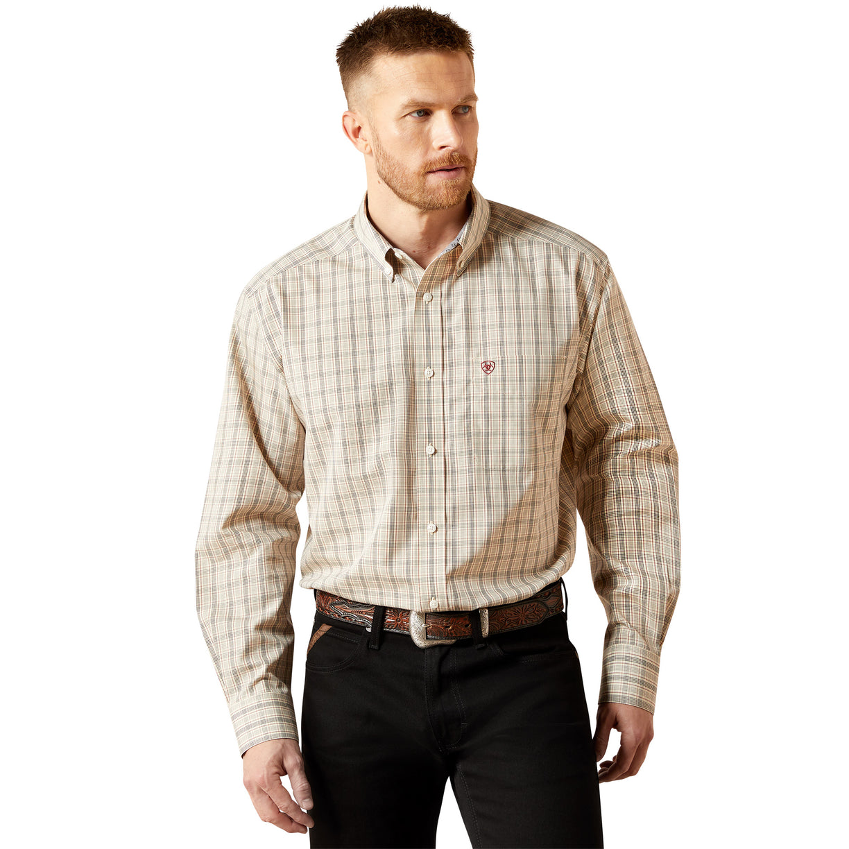 Man wearing a plaid shirt and black pants on a white background