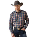 Man wearing a plaid shirt, jeans, and a cowboy hat on a white background