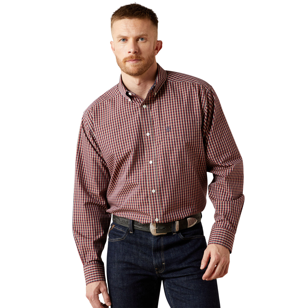 Man wearing a red and white checkered shirt on a white background