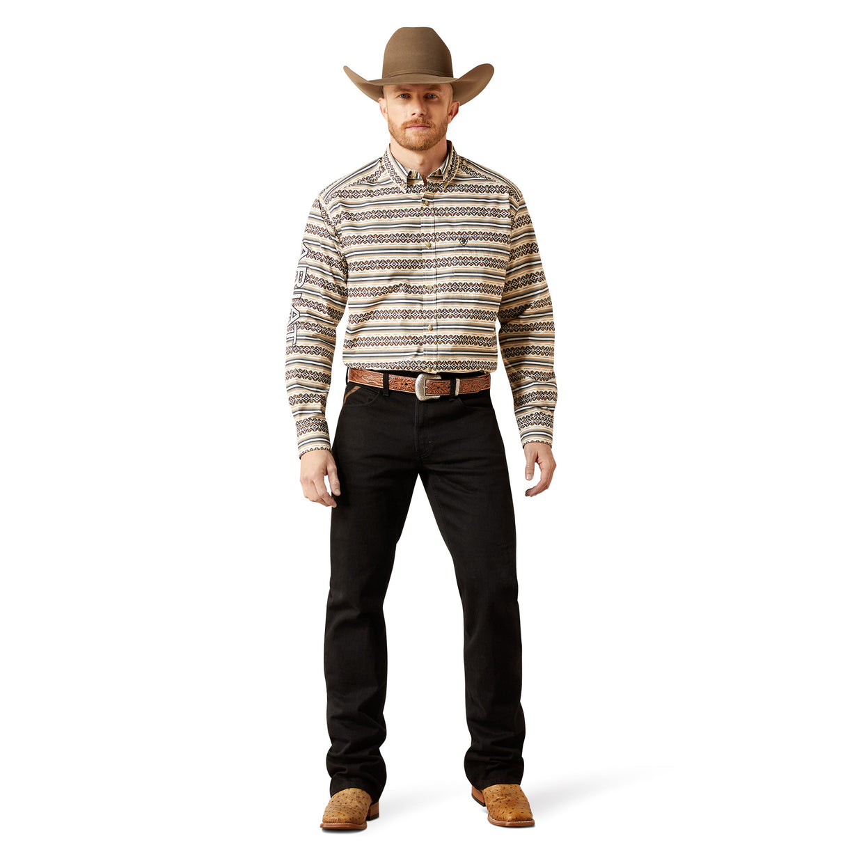 Man wearing a patterned shirt, black pants, and a cowboy hat on a white background