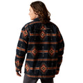Person wearing a dark blue patterned jacket on a white background