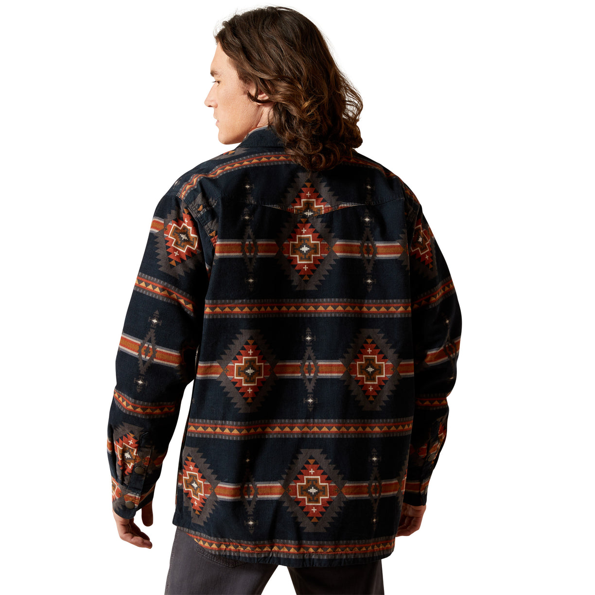 Person wearing a dark blue patterned jacket on a white background