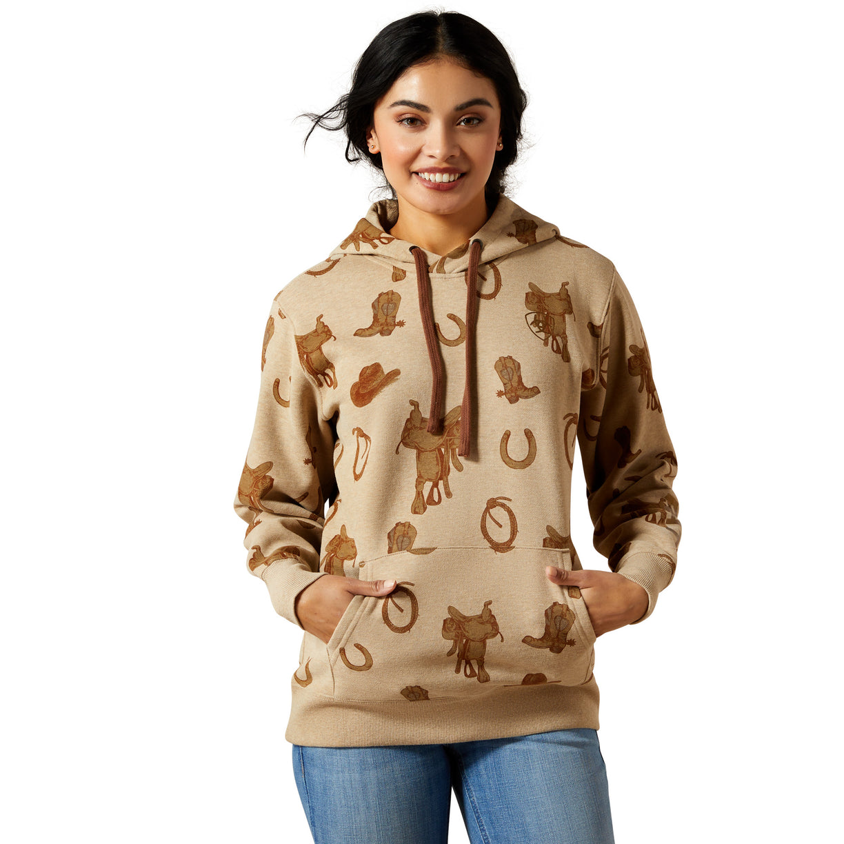 Woman wearing a beige hoodie with cowboy pattern on a white background