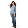 Person wearing a blue hoodie and jeans on a white background