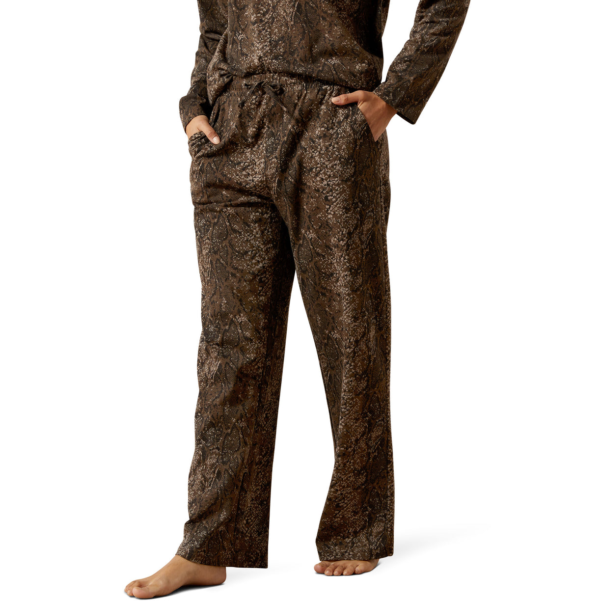 Brown patterned pajama set on a white background