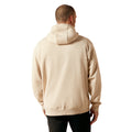 Man wearing a beige hoodie from behind on a white background