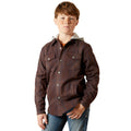 Person wearing a brown plaid shirt on a white background