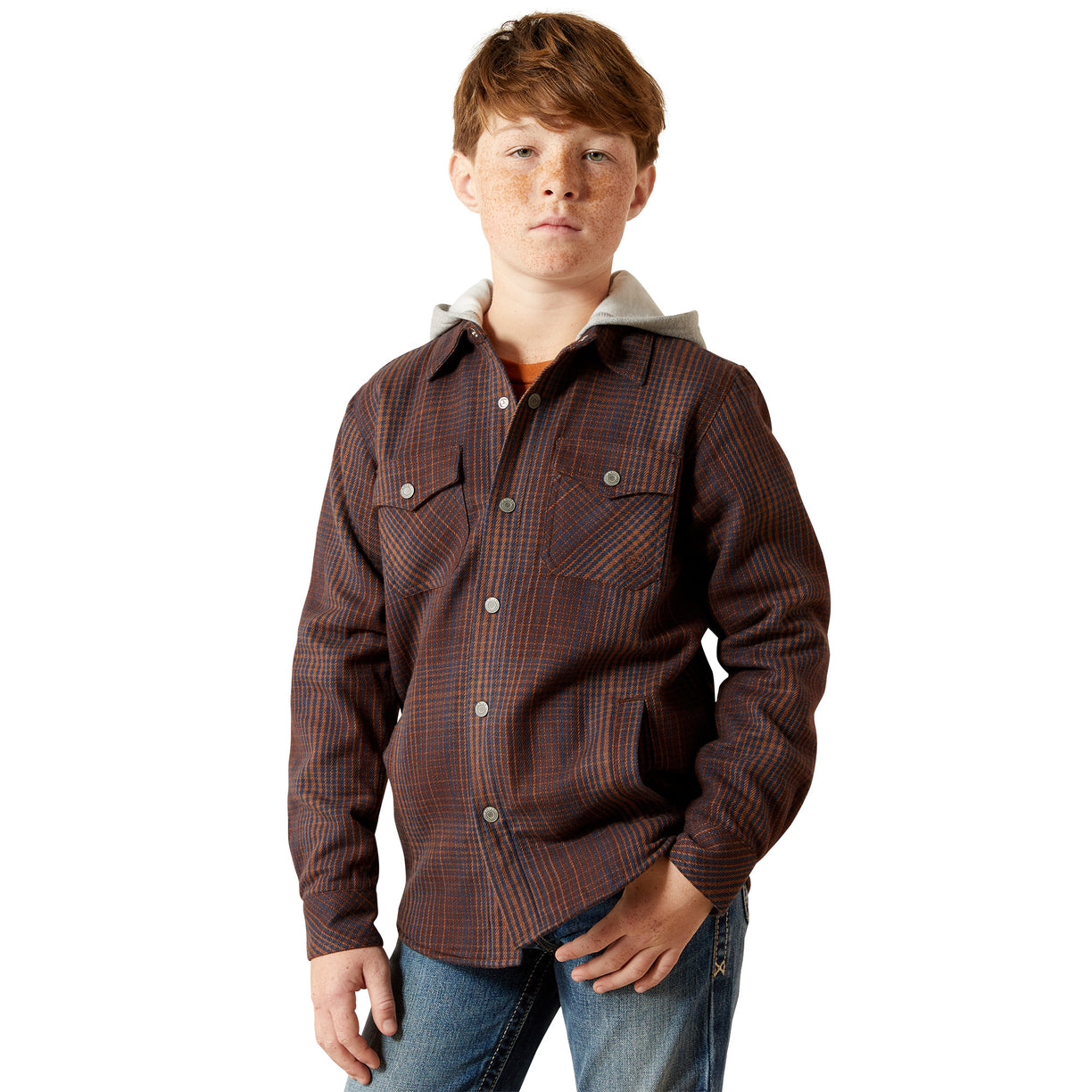 Person wearing a brown plaid shirt on a white background
