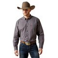 Man wearing a plaid shirt, jeans, and a cowboy hat on a white background