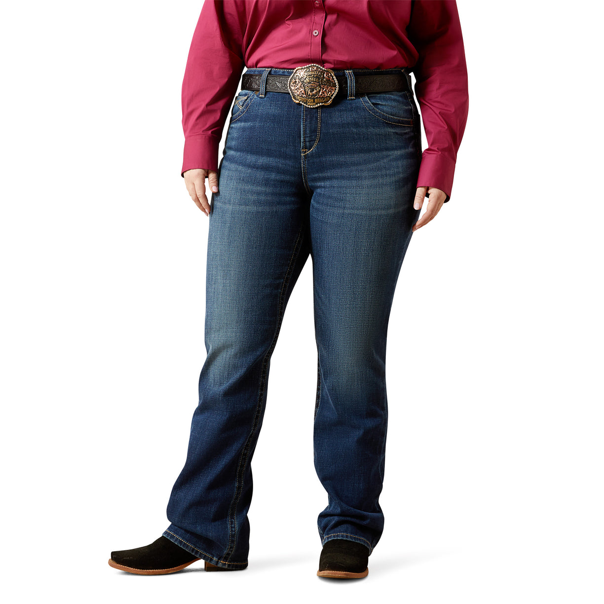 Plus size Person wearing blue denim jeans and a red shirt with a white background long leg