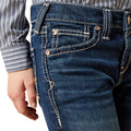 Close-up of blue jeans with a person wearing them on a white background
