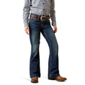 Person wearing blue jeans and a striped shirt on a white background