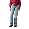 Person wearing a red shirt, blue jeans, and brown boots on a white background