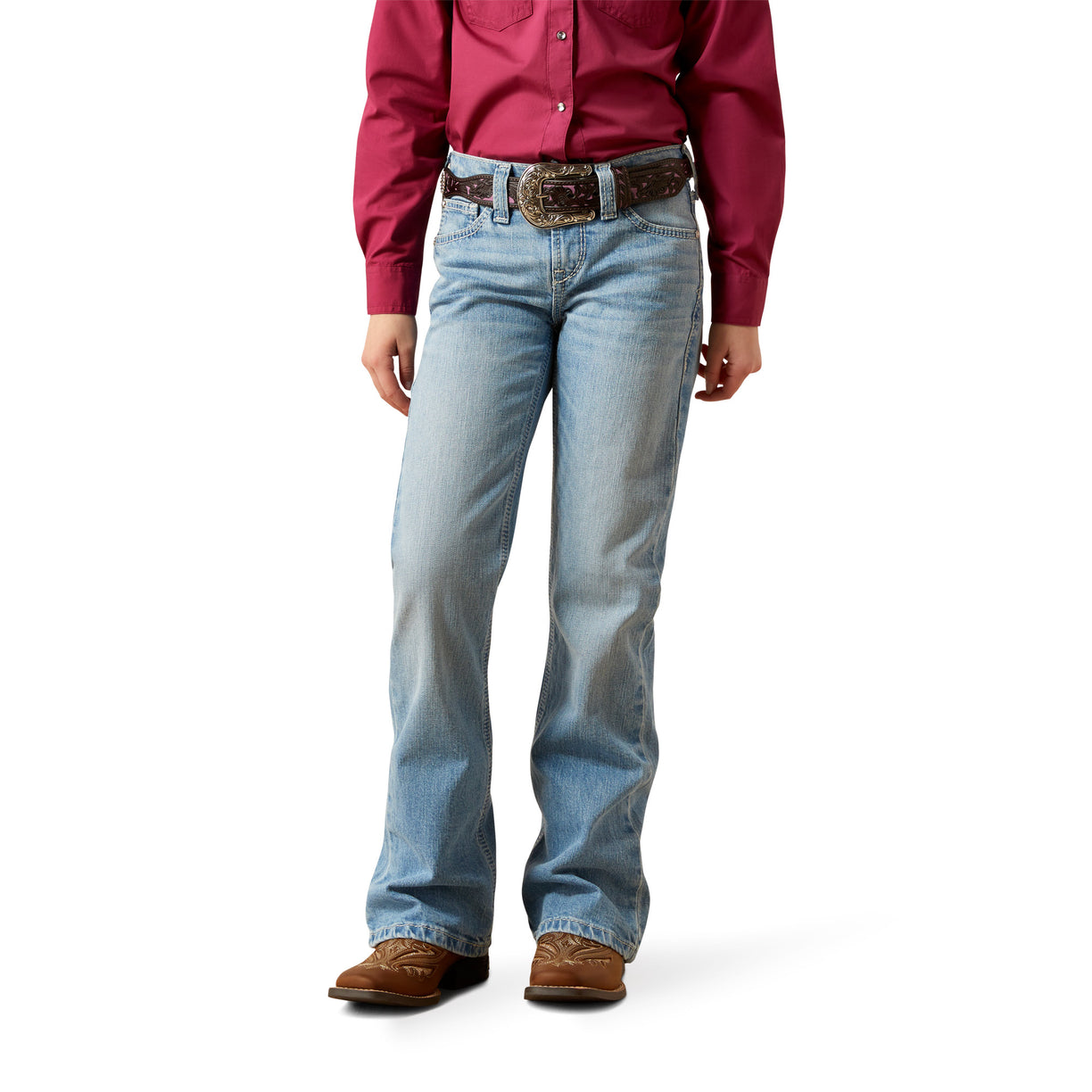 Person wearing a red shirt, blue jeans, and brown boots on a white background