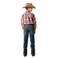 Person wearing a plaid shirt, jeans, and a cowboy hat on a white background
