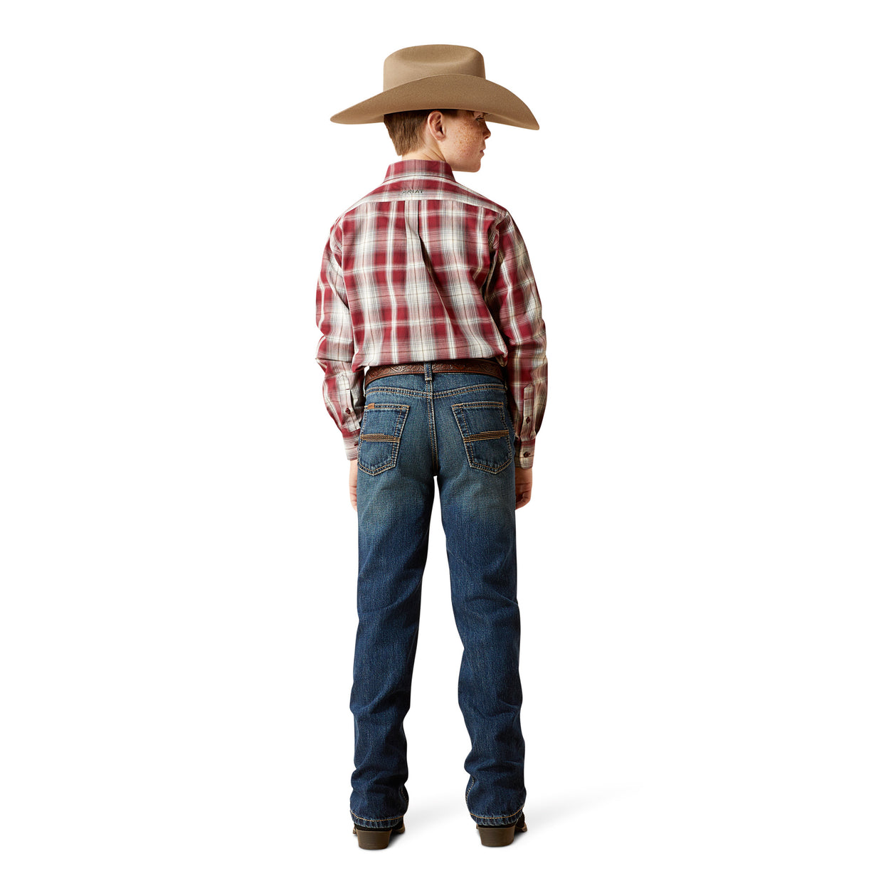 Person wearing a plaid shirt, jeans, and a cowboy hat on a white background