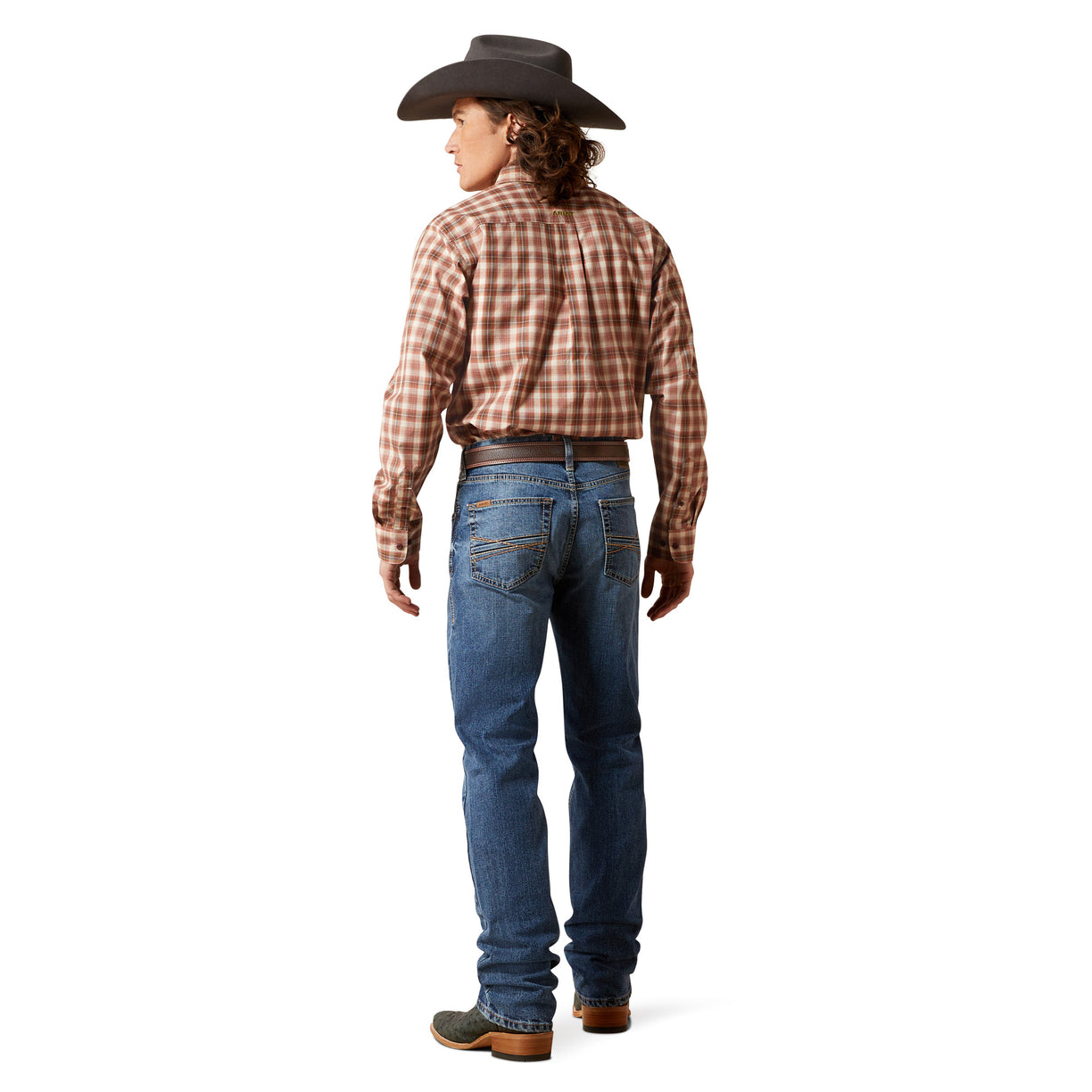 Person wearing a plaid shirt, blue jeans, and a cowboy hat on a white background