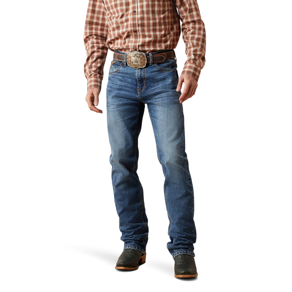 Person wearing blue jeans and a plaid shirt on a white background