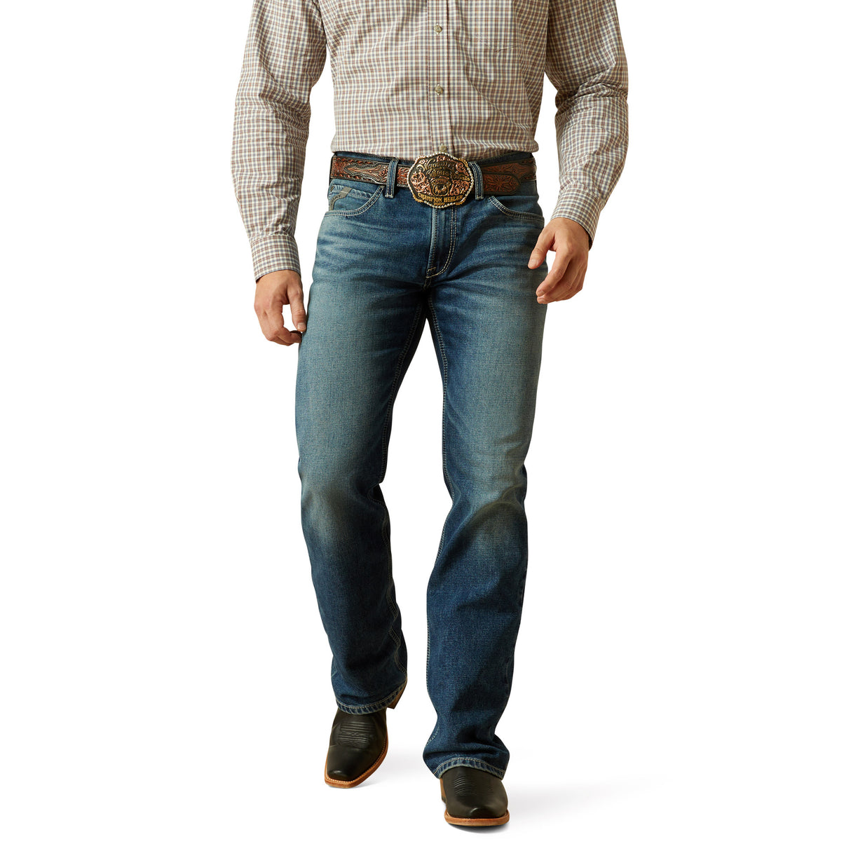 Man wearing blue jeans and a plaid shirt on a white background