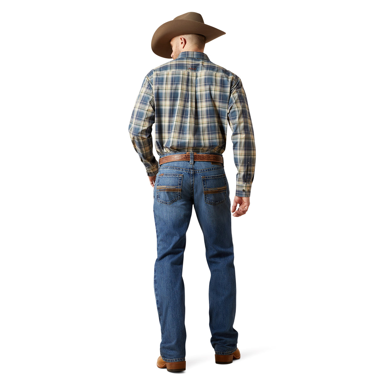 Man wearing a plaid shirt and jeans with a cowboy hat on a white background