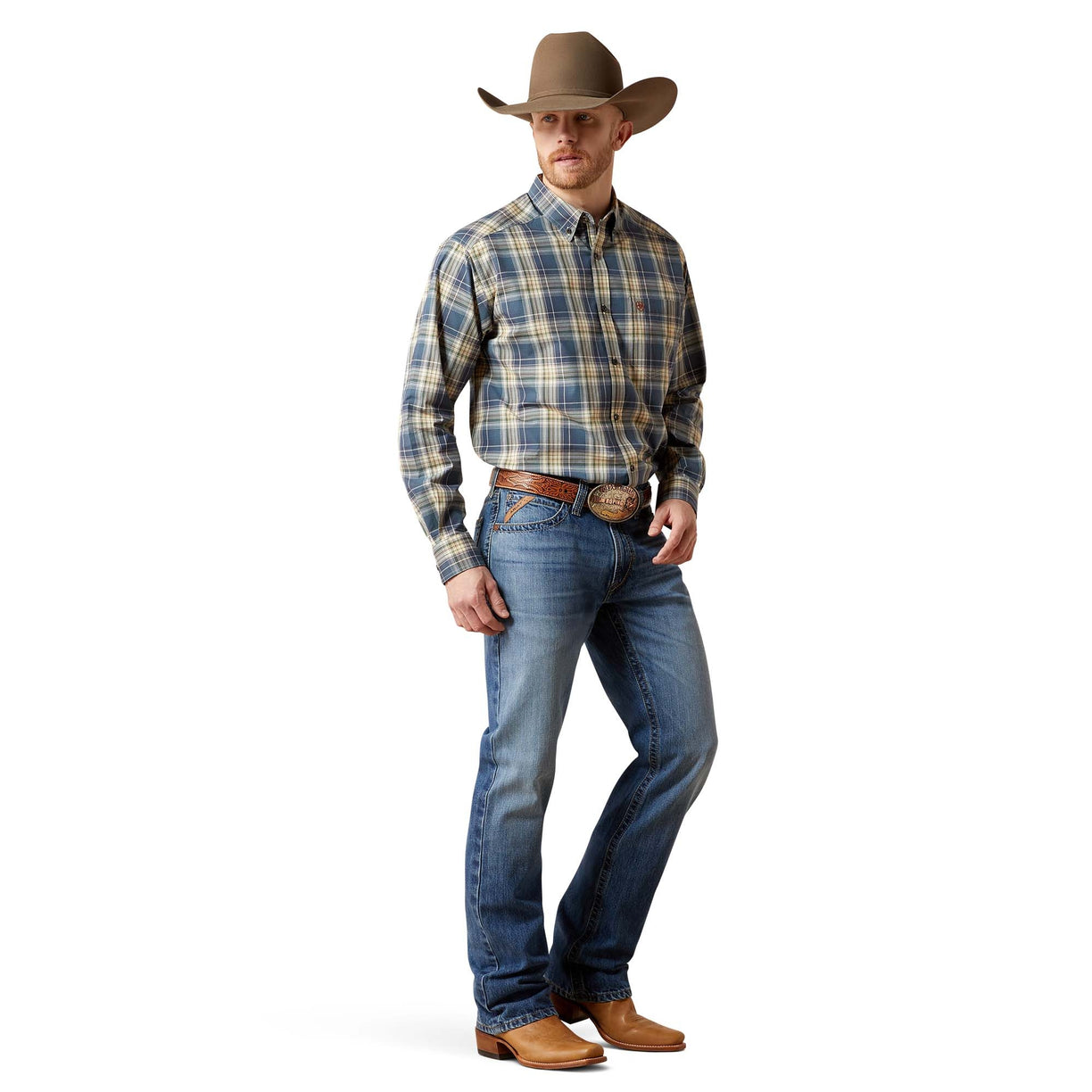 Man wearing a plaid shirt, jeans, and cowboy hat on a white background