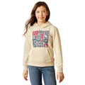 Person wearing a beige hoodie with colorful square designs on a white background