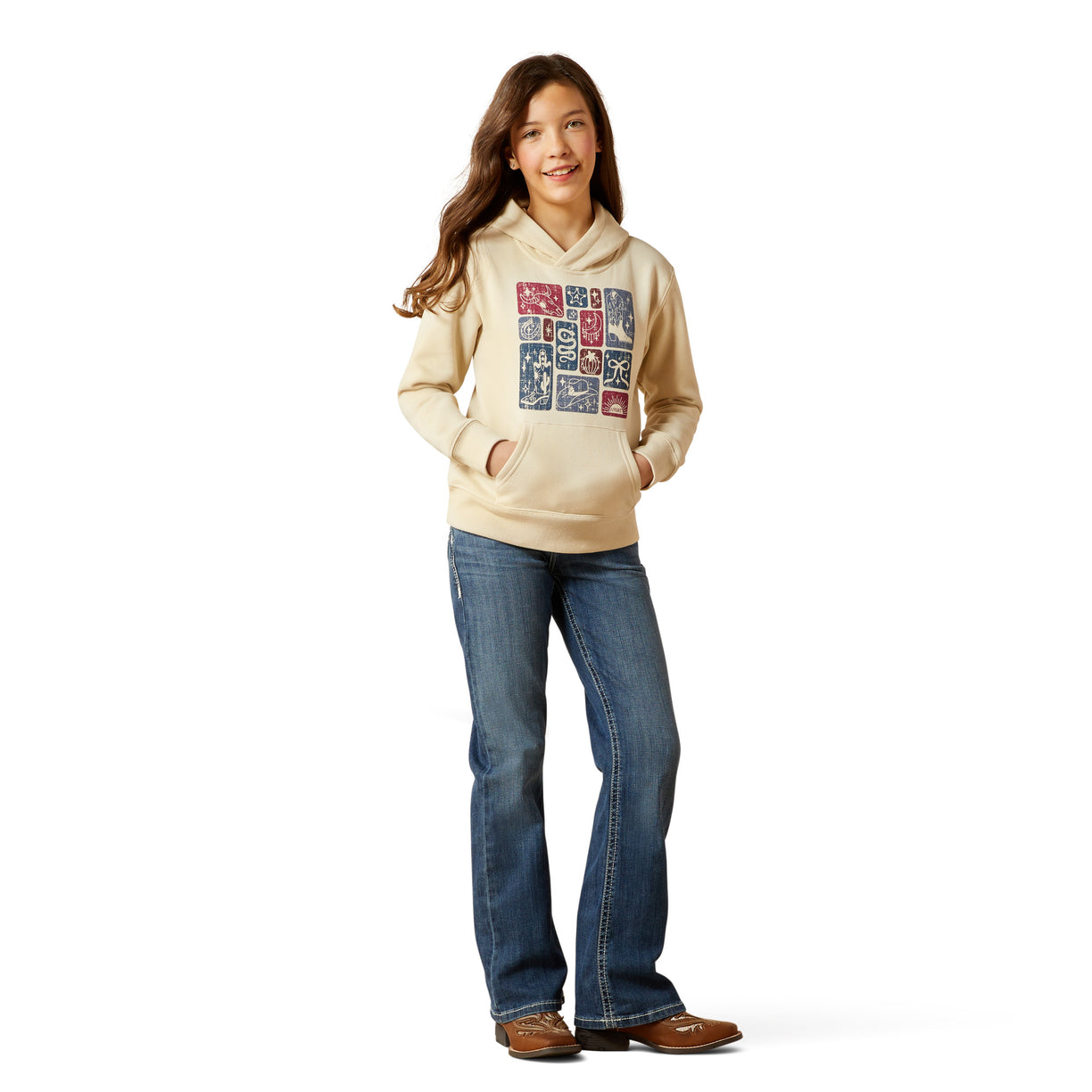 Person wearing a beige hoodie with graphic design and blue jeans on a white background