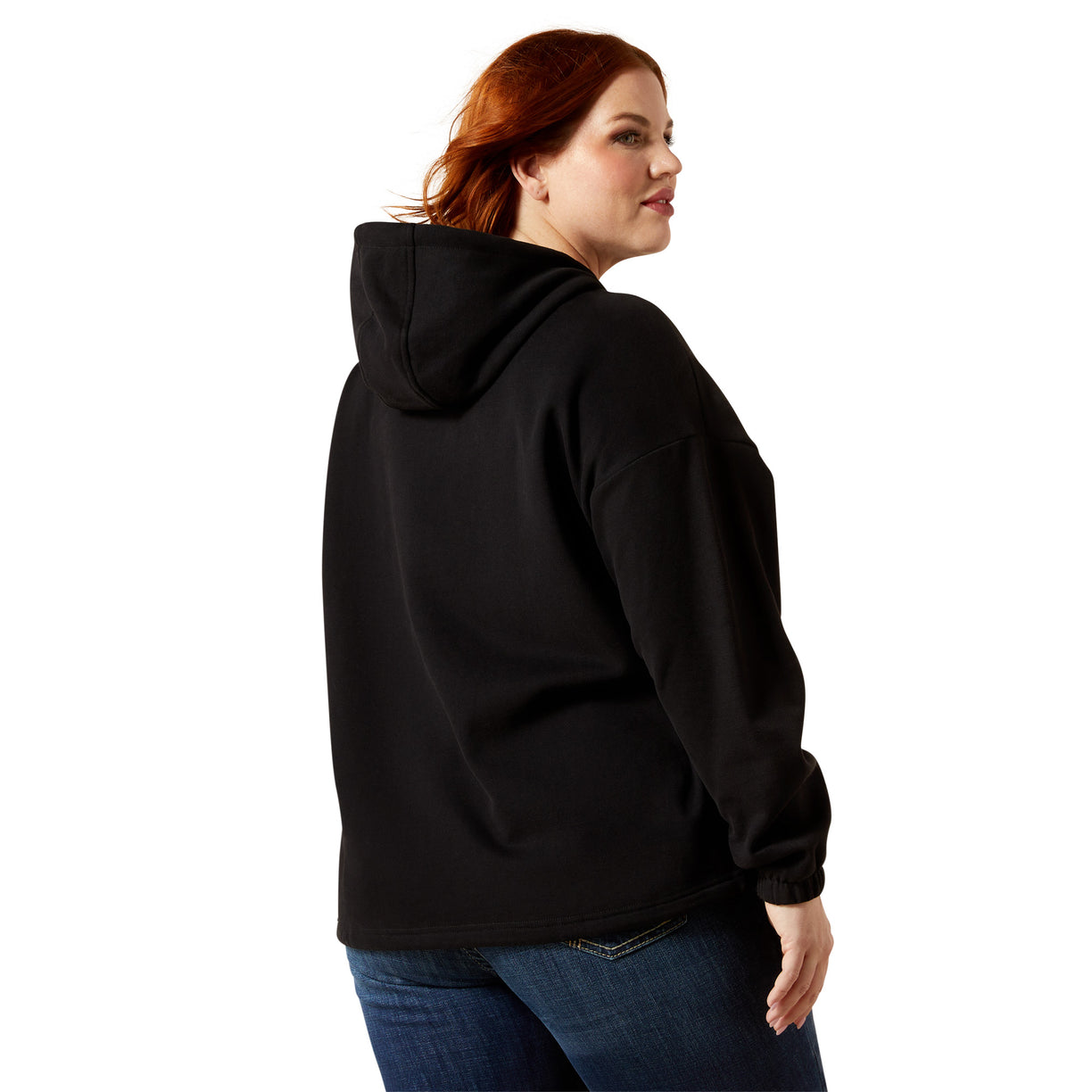 Person wearing a black hoodie on a white background