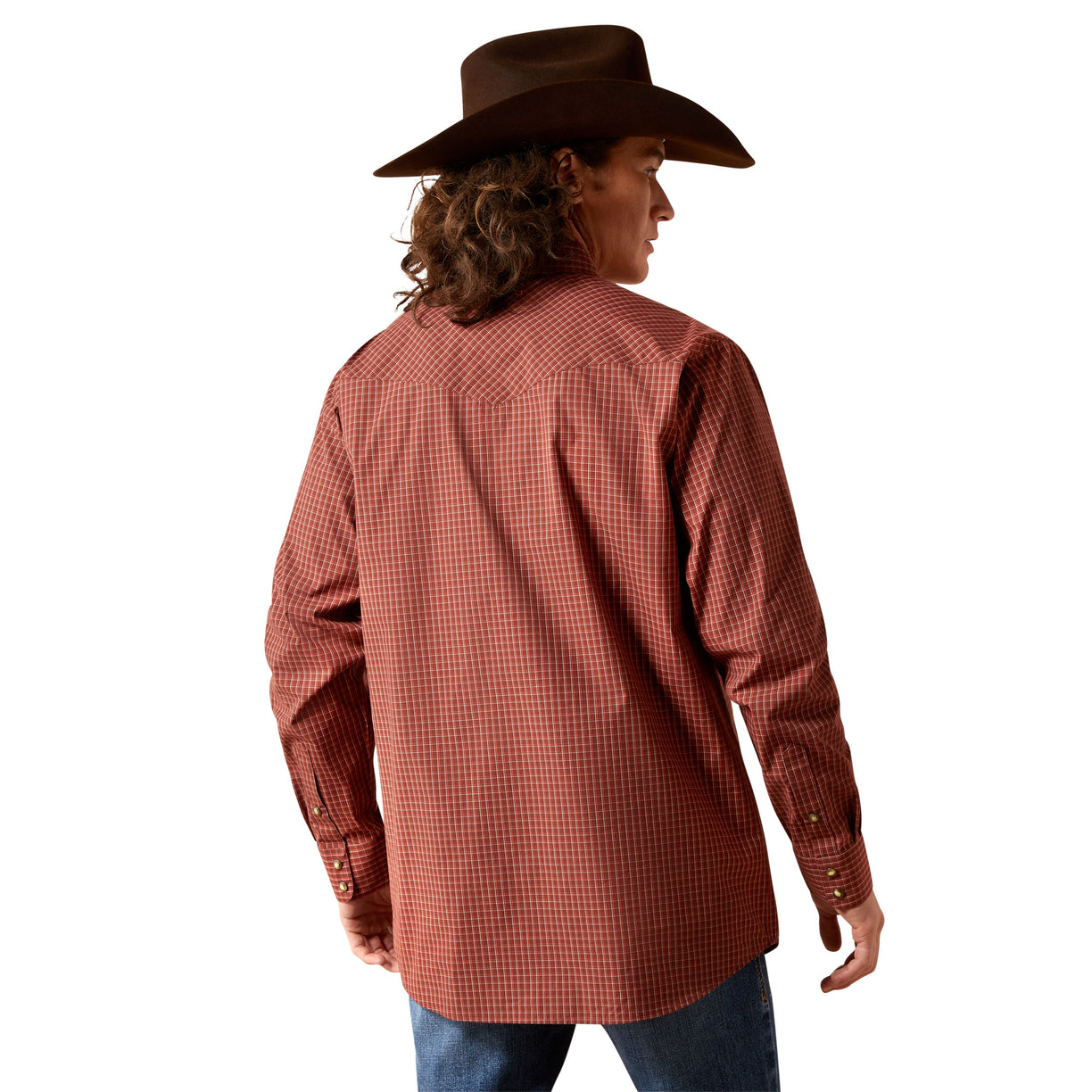 Person wearing a red checkered shirt and brown cowboy hat on a white background