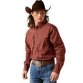 Person wearing a red plaid shirt, blue jeans, and a brown cowboy hat on a white background