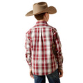 Child wearing a red plaid shirt and tan cowboy hat on a white background