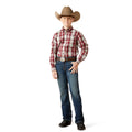 Child wearing a cowboy hat, plaid shirt, and jeans on a white background