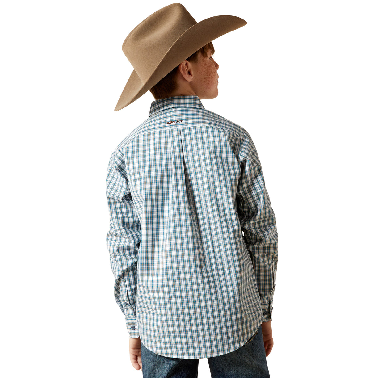 Person wearing a checkered shirt and cowboy hat on a white background