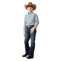Child wearing a checkered shirt, jeans, and a cowboy hat on a white background