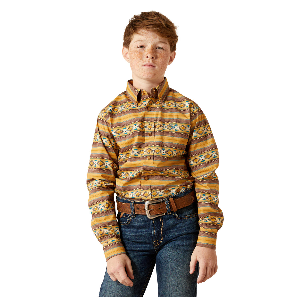 Child wearing a patterned shirt and jeans on a white background