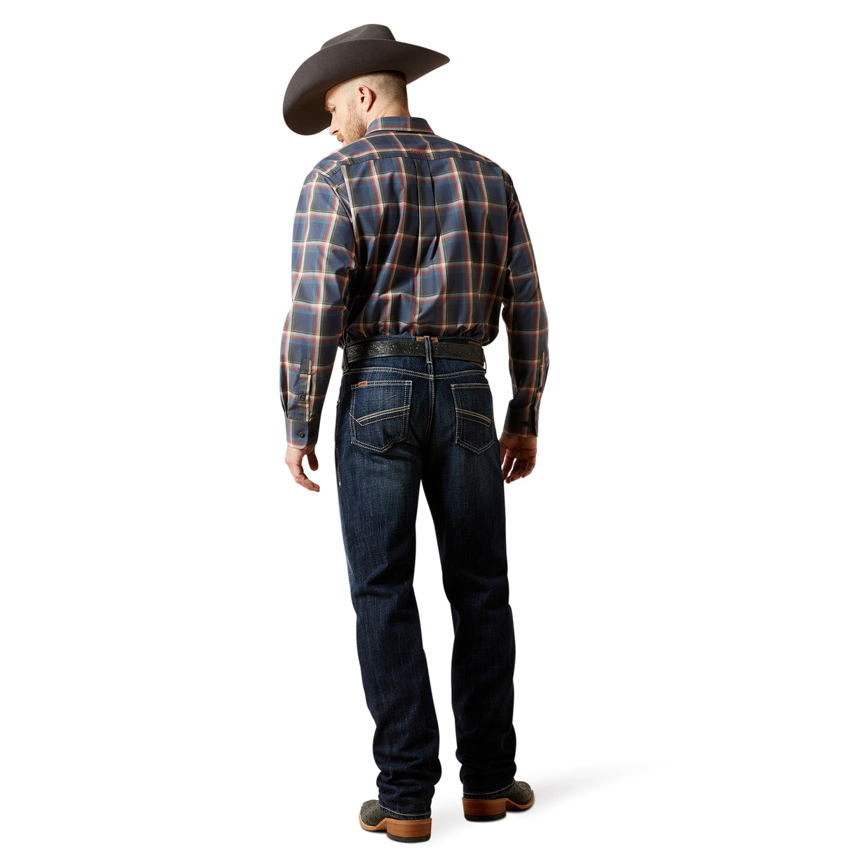 Man wearing a plaid shirt, Workwear, Cotton Denim, Dark blue wash indigo jeans, and a cowboy hat on a white background.