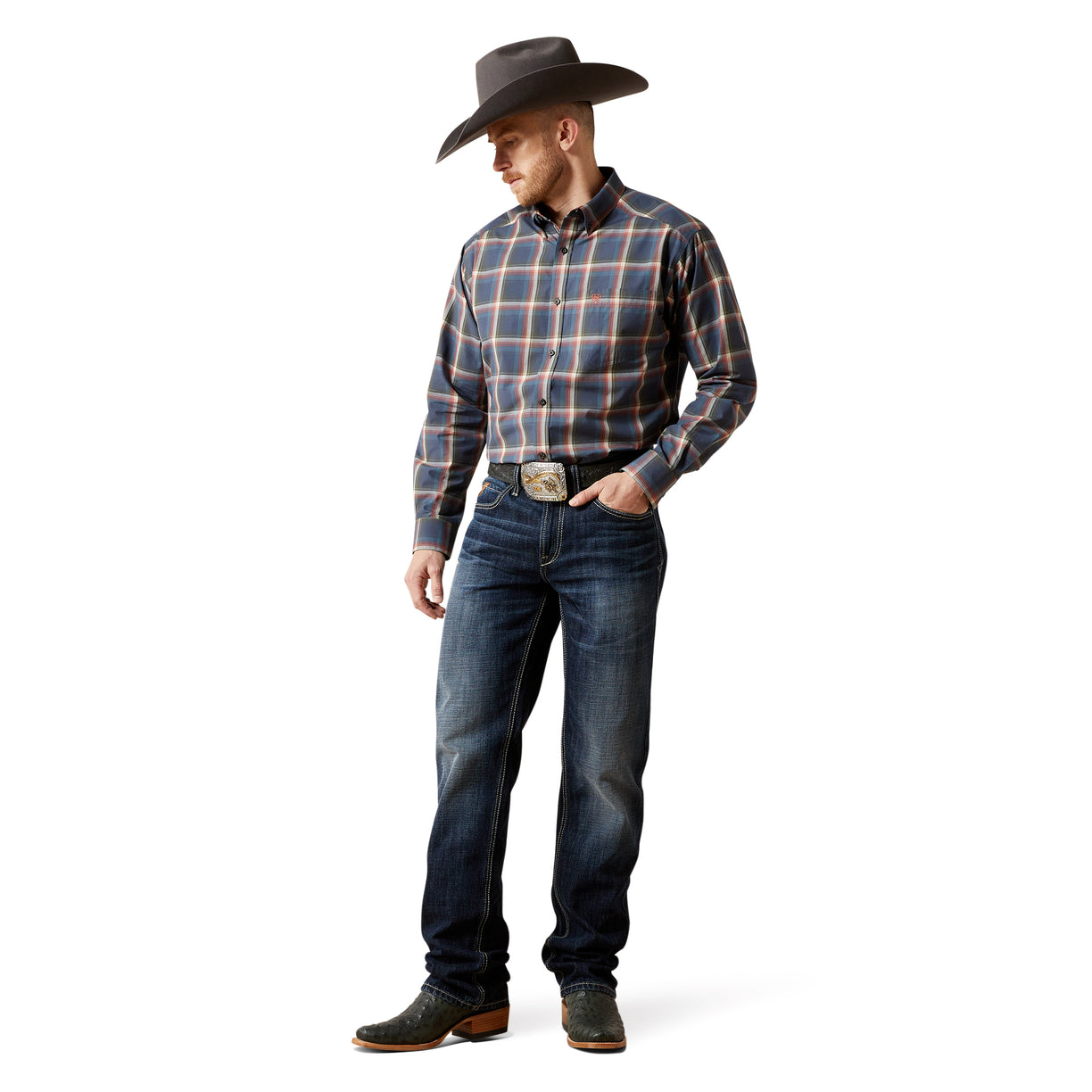 Man wearing a plaid shirt, jeans, and a cowboy hat on a white background