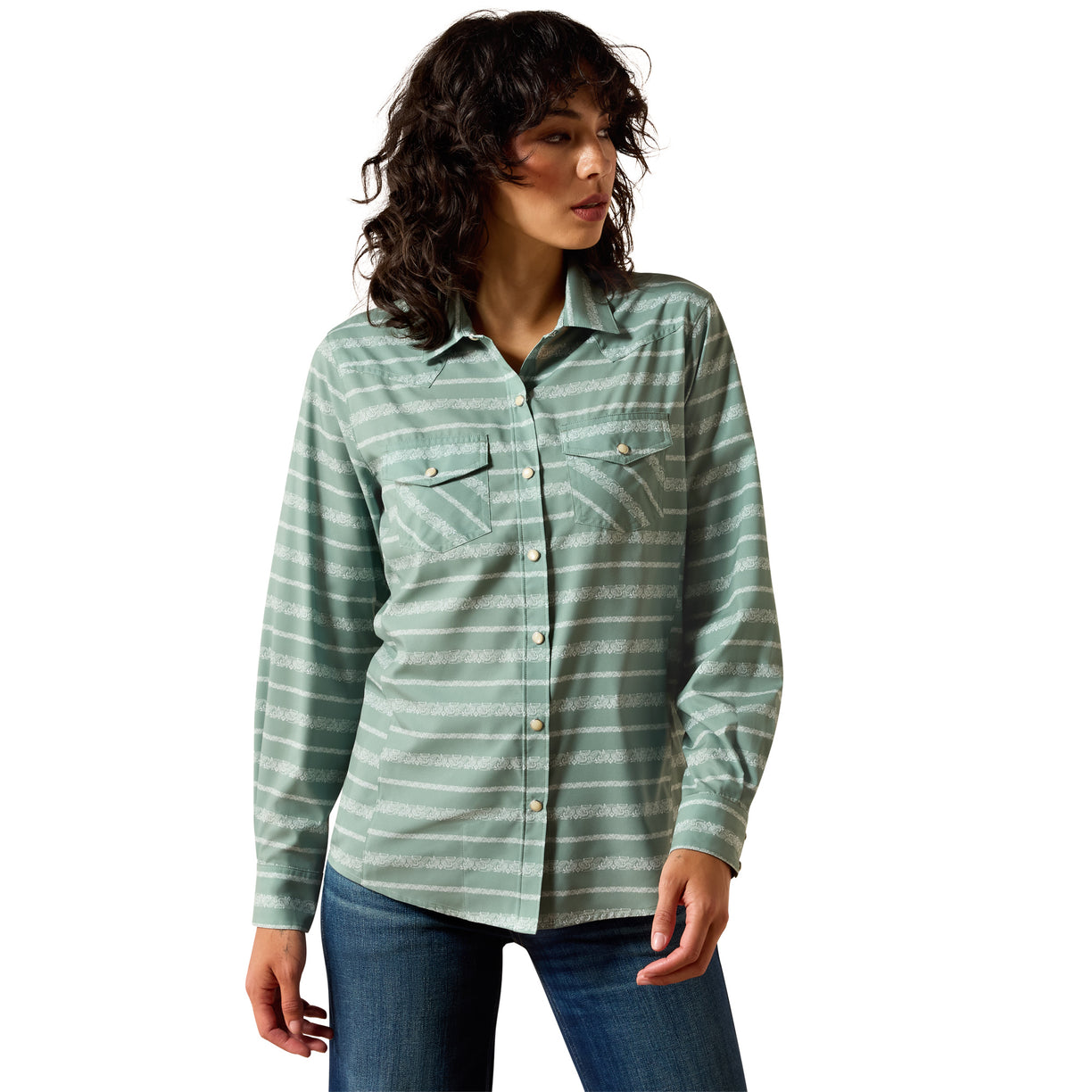 Woman wearing a green striped shirt on a white background