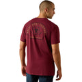 Man wearing a maroon t-shirt with a logo on the back against a white background