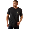 Man wearing a black t-shirt with a logo on a white background