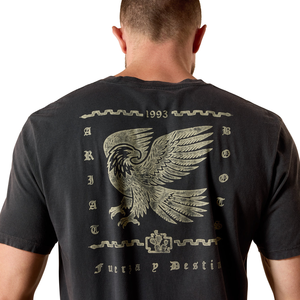 Black t-shirt with an eagle design on the back, worn by a person.