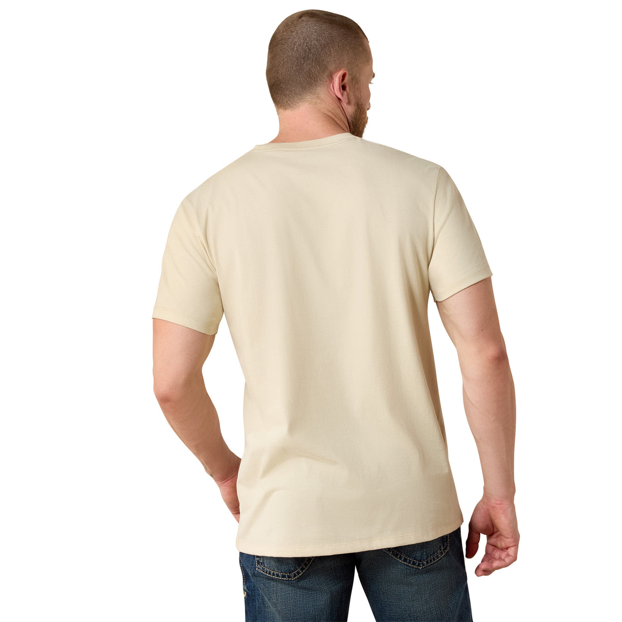 Man wearing a plain beige t-shirt on a white background