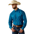 Man wearing a blue shirt, jeans, and a cowboy hat on a white background