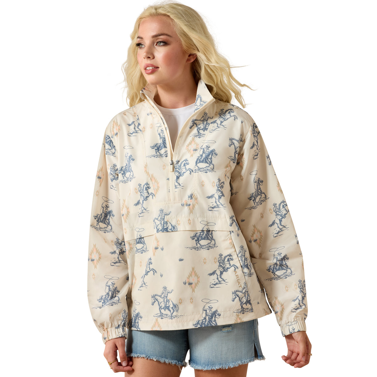 Woman wearing a patterned jacket on a white background