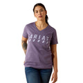 Heathered purple V-neck tee with a distressed logo graphic across the chest