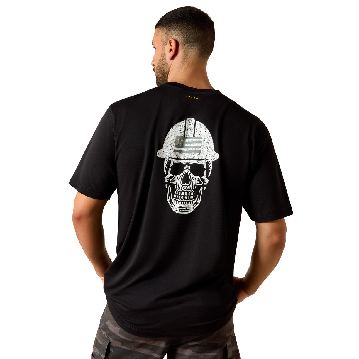 Rebar Heat Fighter Roughneck T-Shirt in black, back view, featuring a bold skull-in-hard-hat graphic print.