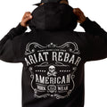 Black hoodie with white text and graphics on the back, featuring the Ariat Rebar brand.