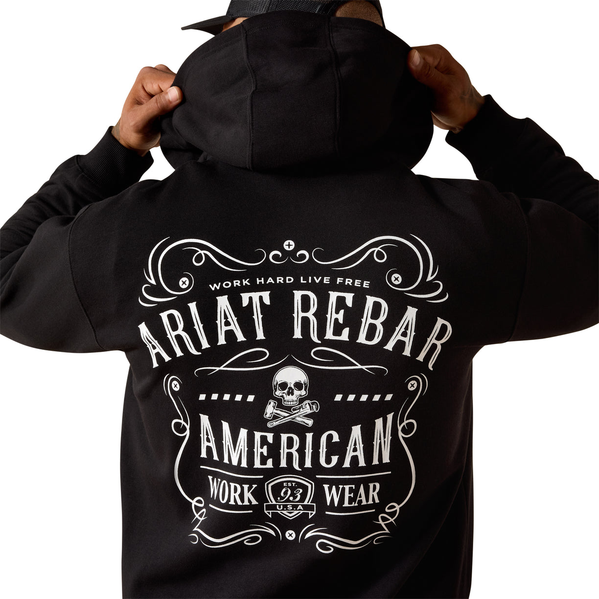 Black hoodie with white text and graphics on the back, featuring the Ariat Rebar brand.